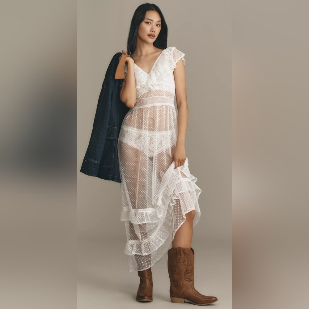 Anthropologie Ruffle Sheer Mesh Maxi Dress In White - Picture 2 of 7